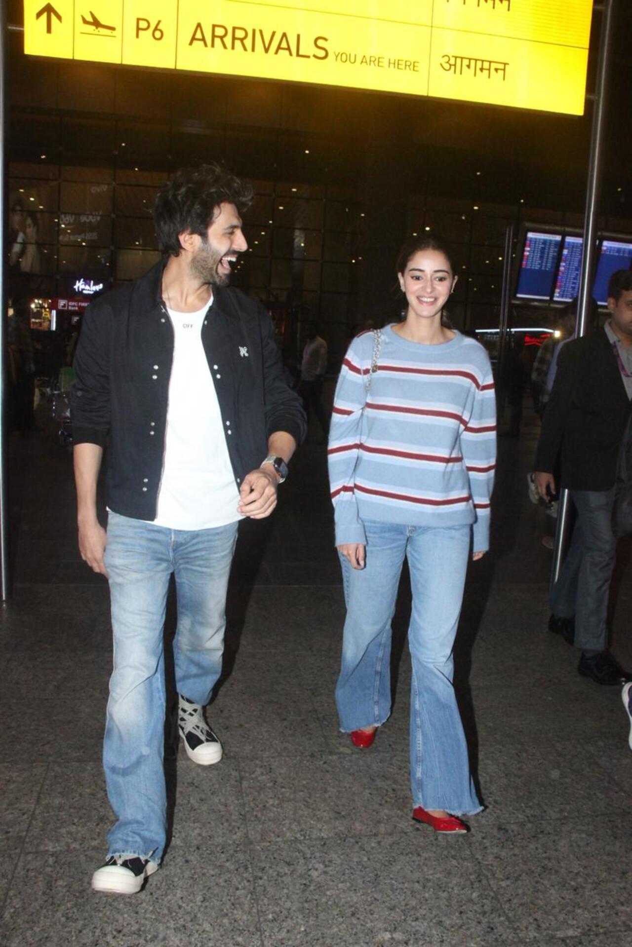 Kartik Aaryan and Ananya Panday were seen in a spirited conversation as they came back from Jaipur after the launch of their upcoming film's title track